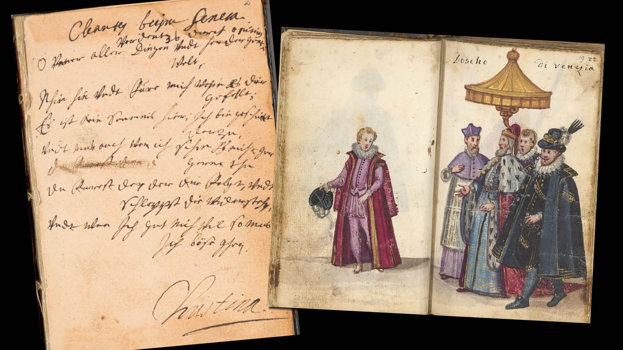 Till vänster: Tillskrift av drottning Kristina i adelsdamen Christina Posses stambok (signum vid Uppsala universitetsbibliotek: Y 117 k) från 1600-talet. Kristinas tillskrift innehåller ett citat av Seneca d.y. översatt till tyska samt Kristinas förnamn. Dock innehåller den ej ort eller datum. Det var vanligt att kungliga och furstliga personer struntade i att skriva dit dylikt, då de ansåg sig stå över tid och rum. Till höger: Bild ur Johann Gastels stambok (signum vid Uppsala universitetsbibliotek: Y 55) från omkring år 1600: Dogen i Venedig och delar av hans följe. Foto: Uppsala universitetsbibliotek